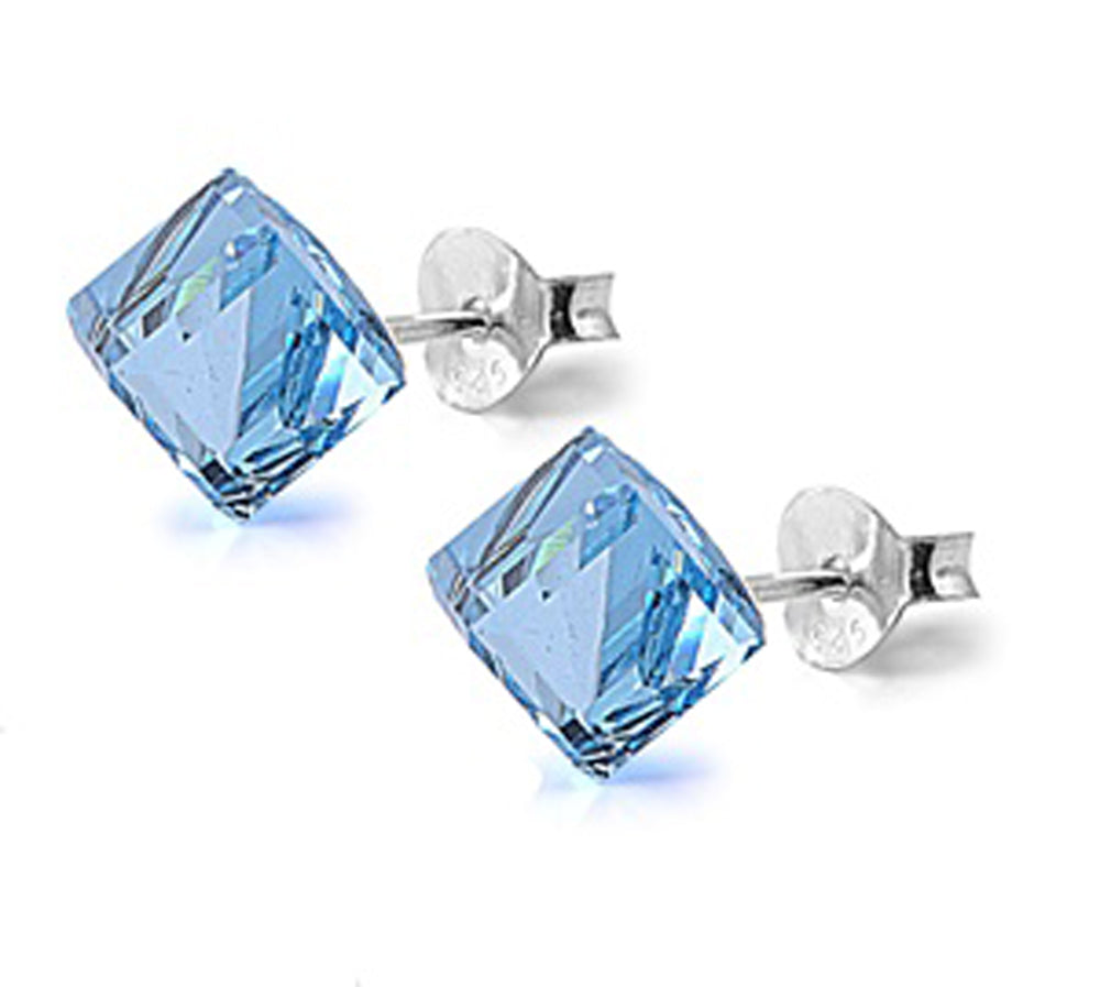 Sterling Silver Simple Cube Classic Traditional Geometric Earrings Aquamarine CZ
