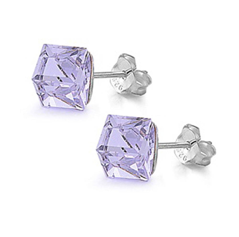 Sterling Silver Elegant Cube Classic Simple Geometric Earrings Lavender CZ 925