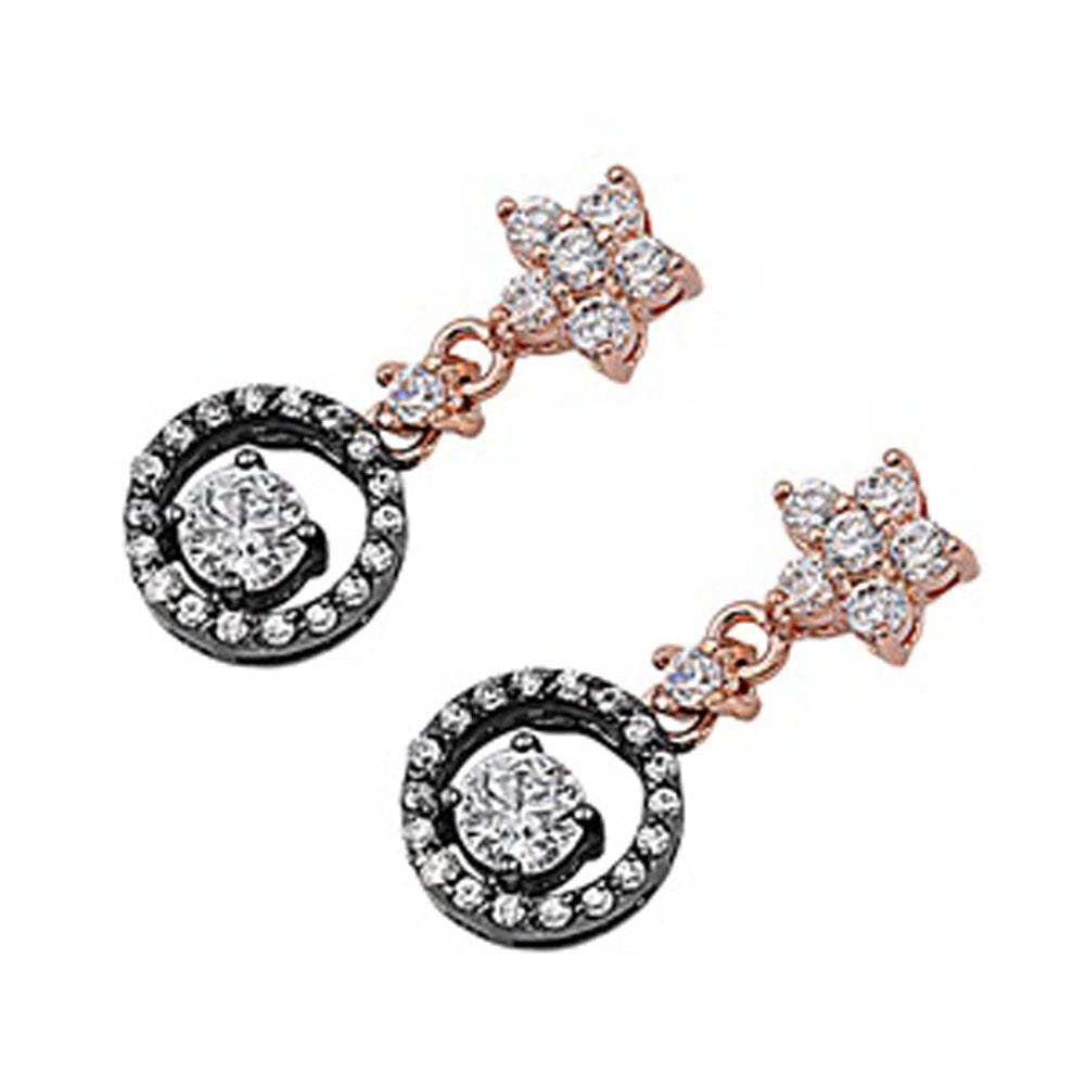 Round Star Hanging Earrings Clear Simulated CZ .925 Sterling Silver