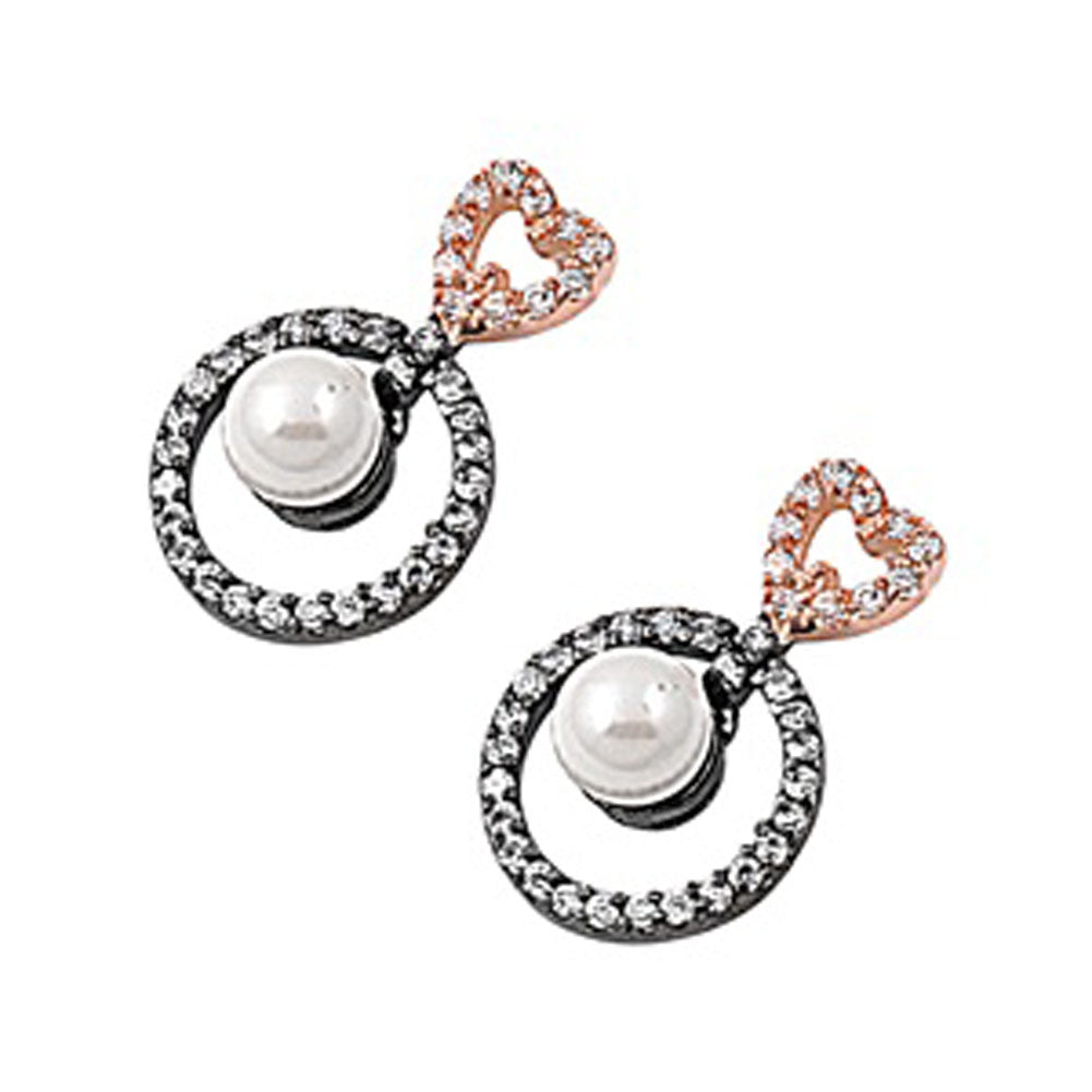 Rose Gold-Tone Heart Earrings Simulated Pearl Clear Simulated CZ .925 Sterling Silver