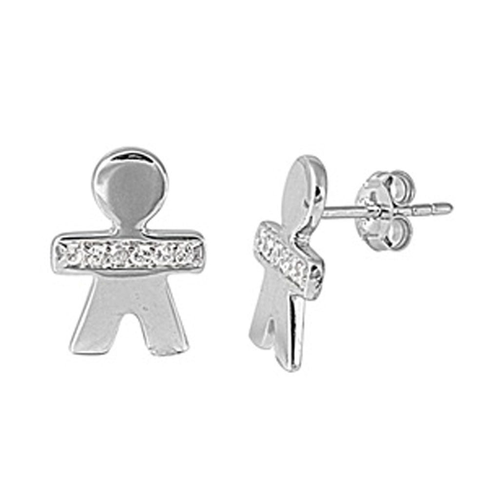 Boy Earrings Clear Simulated CZ .925 Sterling Silver