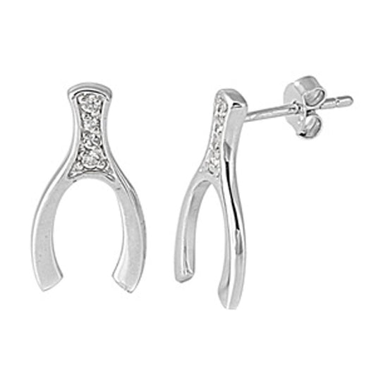 Wishbone Earrings Clear Simulated CZ .925 Sterling Silver