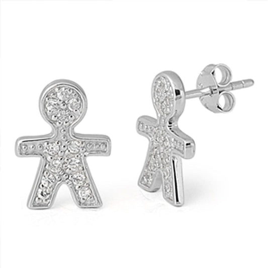 Boy Person Earrings Clear Simulated CZ .925 Sterling Silver