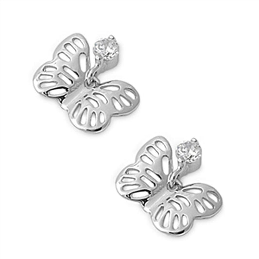 Butterfly Hanging Earrings Clear Simulated CZ .925 Sterling Silver