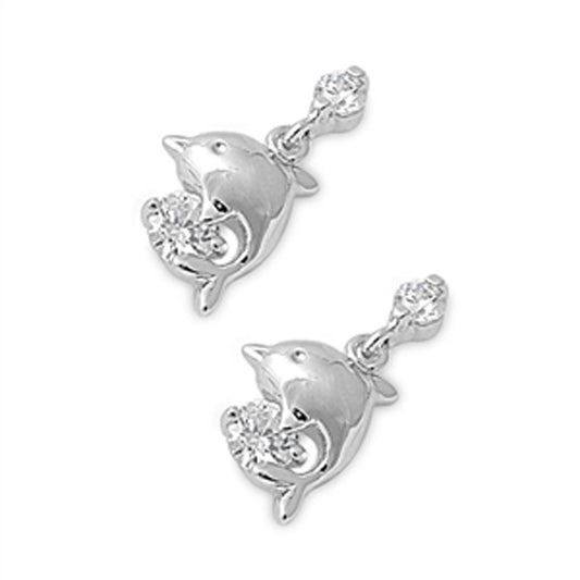 Dolphin Hanging Earrings Clear Simulated CZ .925 Sterling Silver