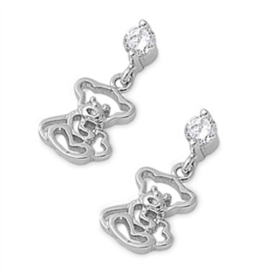 Bear Earrings Clear Simulated CZ .925 Sterling Silver