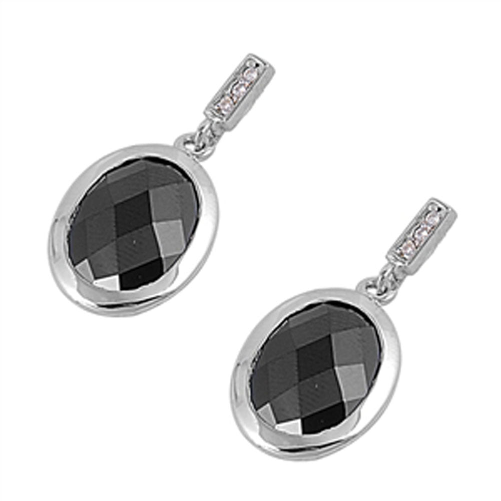 Oval Hanging Earrings Black Simulated Onyx Clear Simulated CZ .925 Sterling Silver
