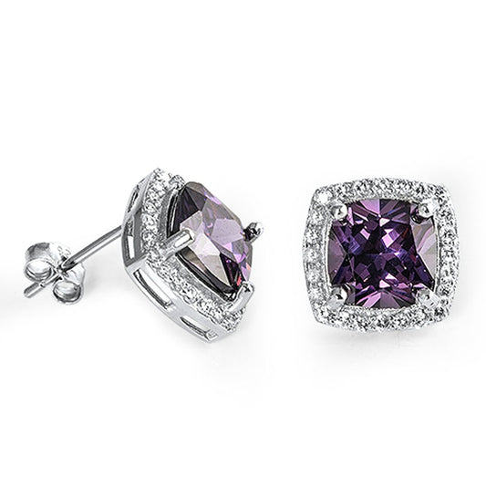 Halo Square Earrings Simulated Amethyst Clear Simulated CZ .925 Sterling Silver