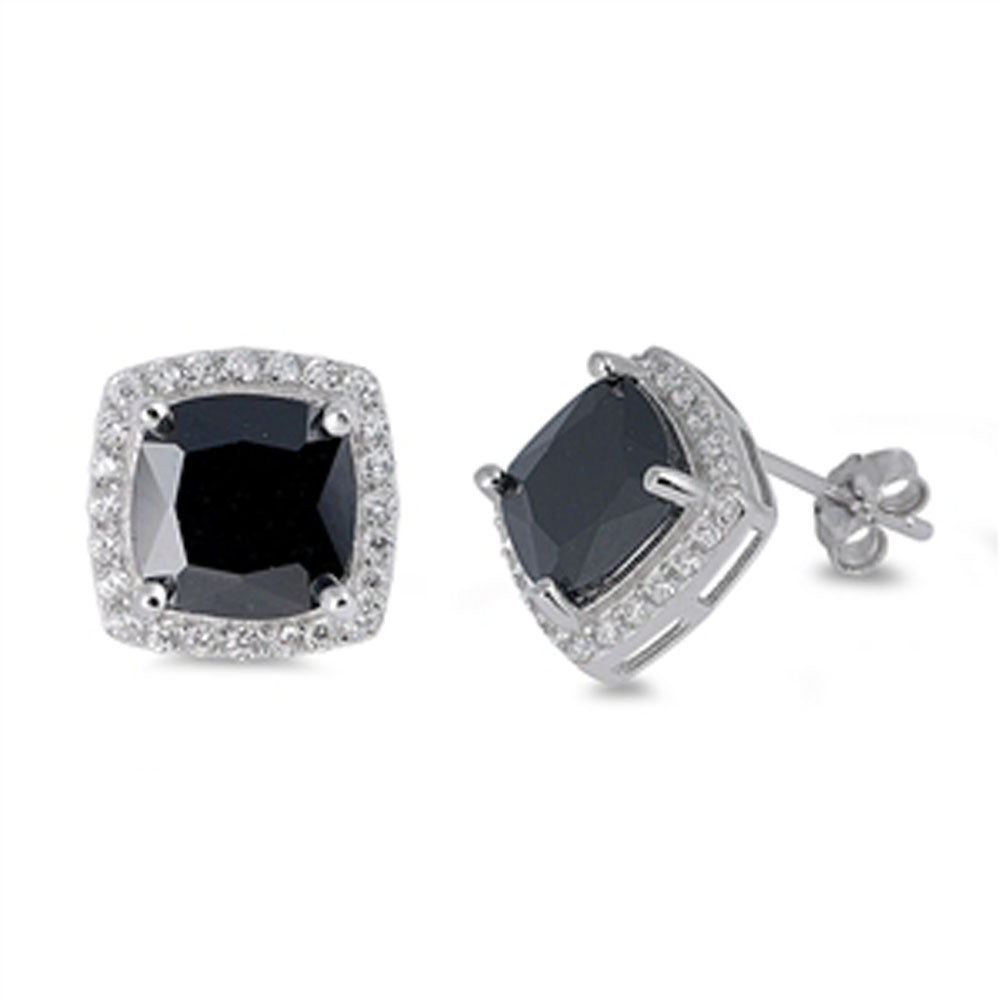 Halo Square Earrings Black Simulated CZ Clear Simulated CZ .925 Sterling Silver