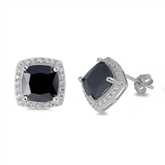 Halo Square Earrings Black Simulated CZ Clear Simulated CZ .925 Sterling Silver