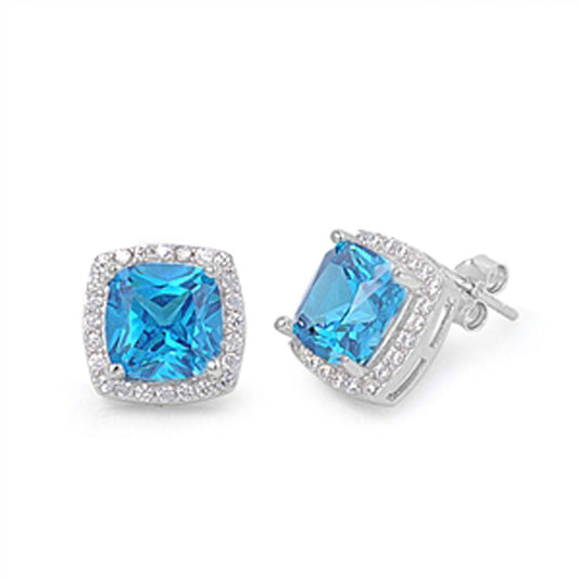 Halo Square Earrings Blue Simulated Topaz Clear Simulated CZ .925 Sterling Silver