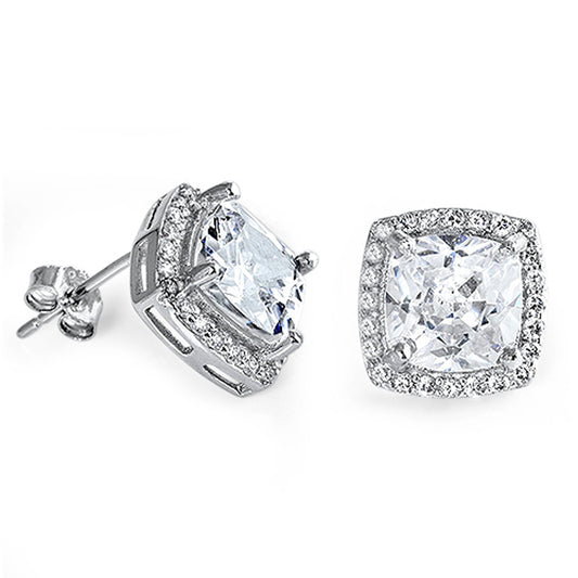 Fancy Sparkly Square Fashion Clear Simulated CZ .925 Sterling Silver Elegant Earrings
