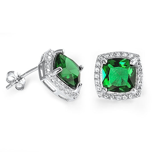 Studded Vintage Square Fashion Simulated Emerald Clear Simulated CZ .925 Sterling Silver Earrings