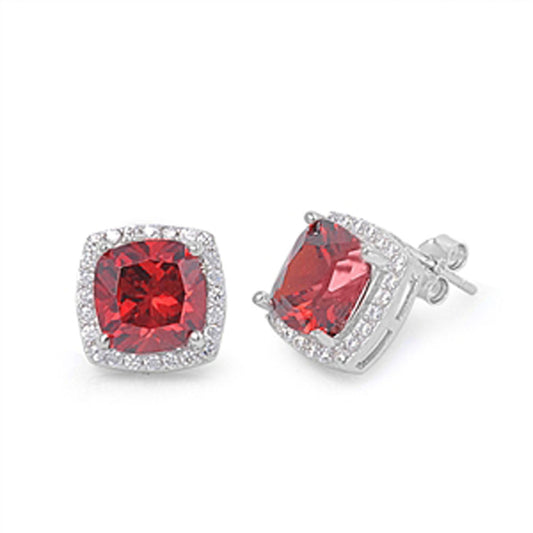 Halo Square Earrings Simulated Garnet Clear Simulated CZ .925 Sterling Silver