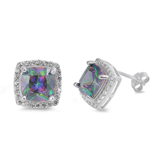 Halo Square Earrings Rainbow Simulated Topaz Clear Simulated CZ .925 Sterling Silver