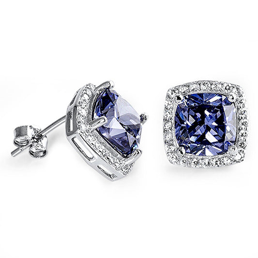 Eternity Sparkly Square Endless Simulated Tanzanite Clear Simulated CZ .925 Sterling Silver Earrings