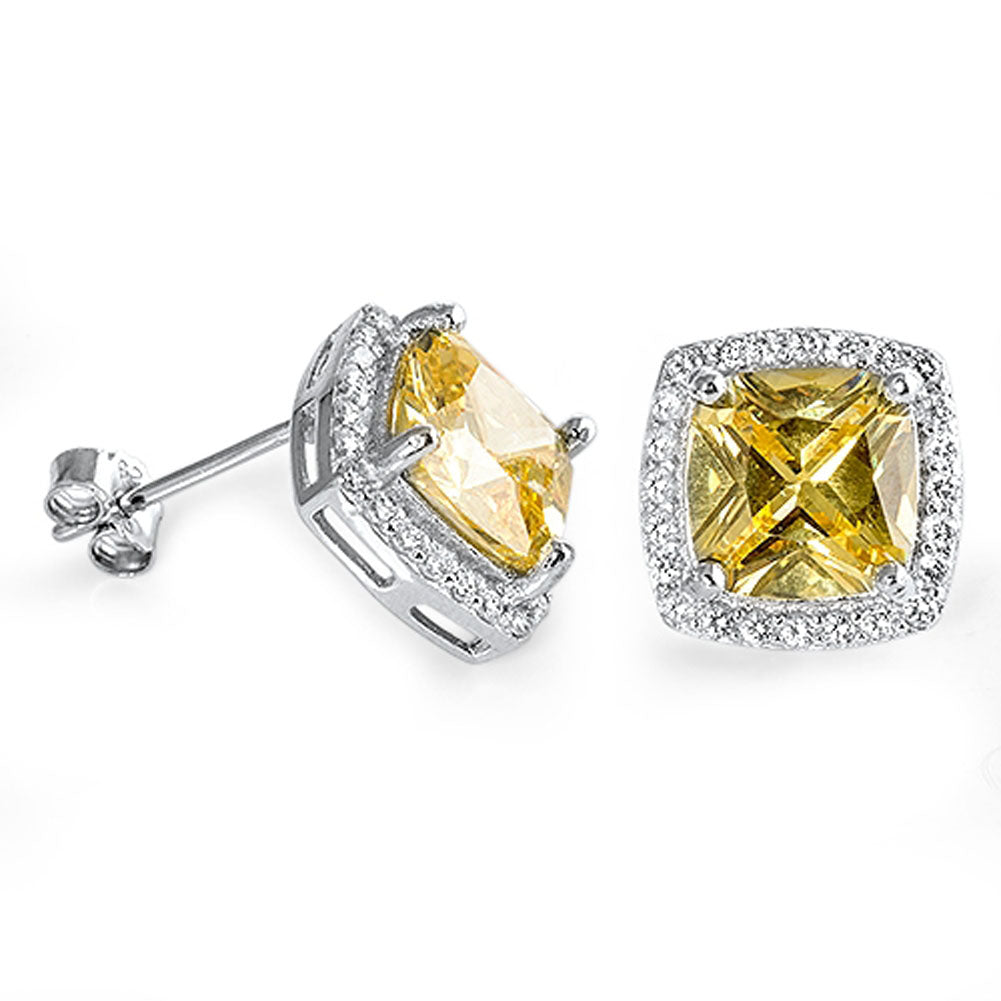 Halo Square Earrings Yellow Simulated CZ Clear Simulated CZ .925 Sterling Silver