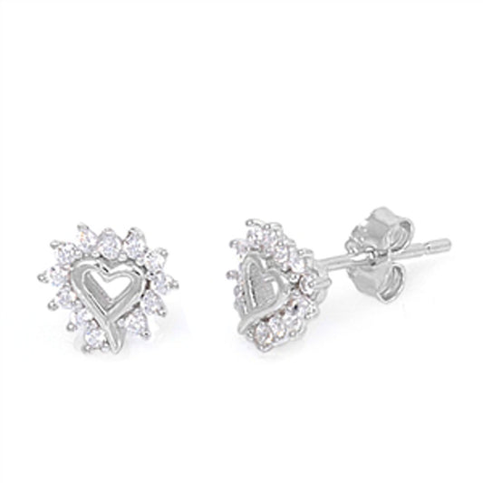 Halo Heart Earrings Clear Simulated CZ .925 Sterling Silver