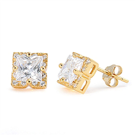 Gold-Tone Halo Square Earrings Clear Simulated CZ .925 Sterling Silver
