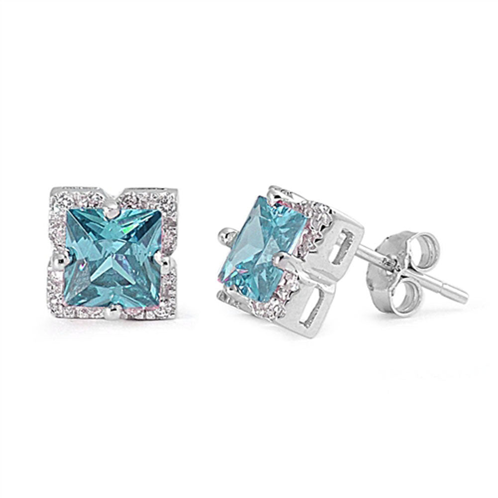 Halo Square Earrings Simulated Aquamarine Clear Simulated CZ .925 Sterling Silver