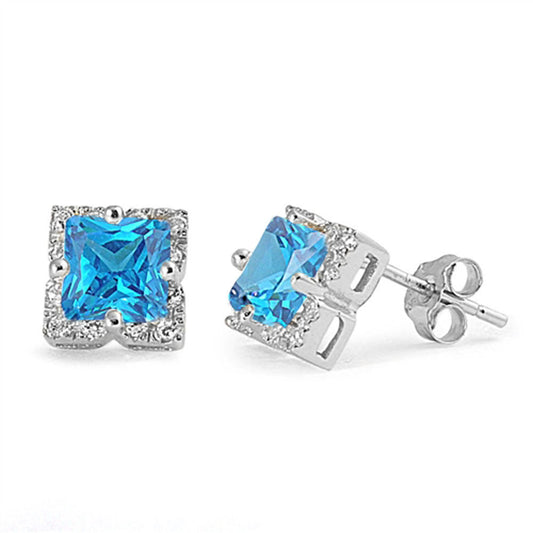 Halo Square Earrings Blue Simulated Topaz Clear Simulated CZ .925 Sterling Silver