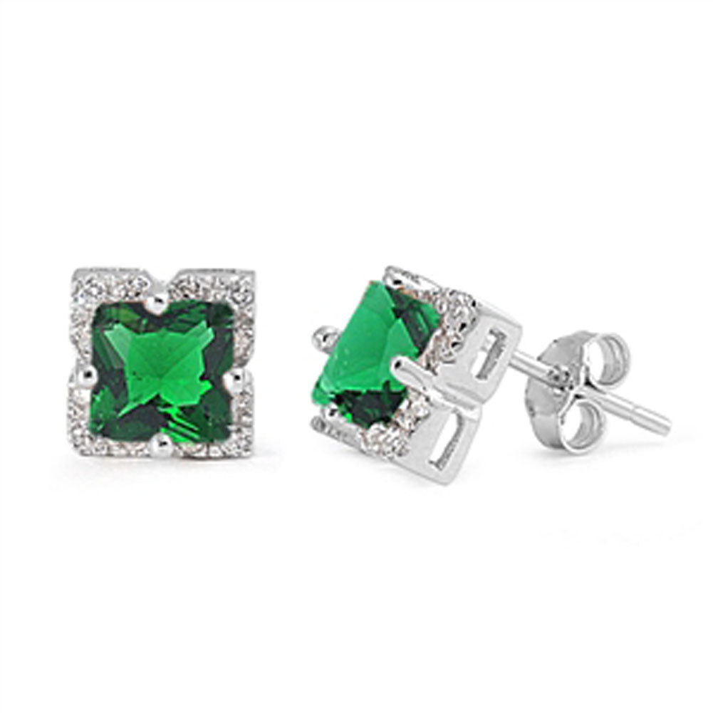 Halo Square Earrings Simulated Emerald Clear Simulated CZ .925 Sterling Silver