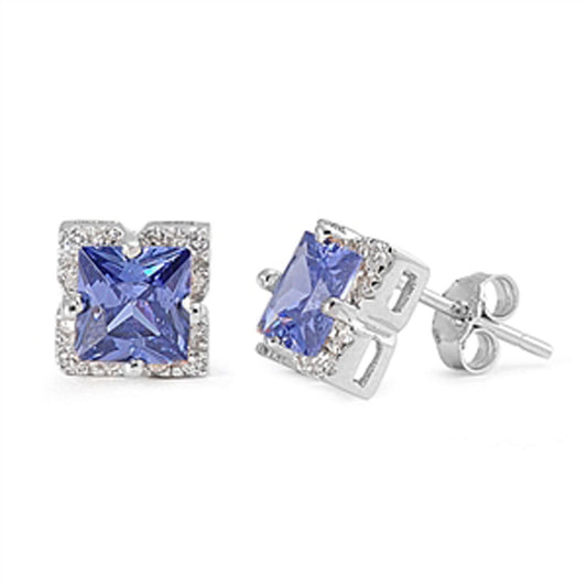 Halo Square Earrings Simulated Tanzanite Clear Simulated CZ .925 Sterling Silver
