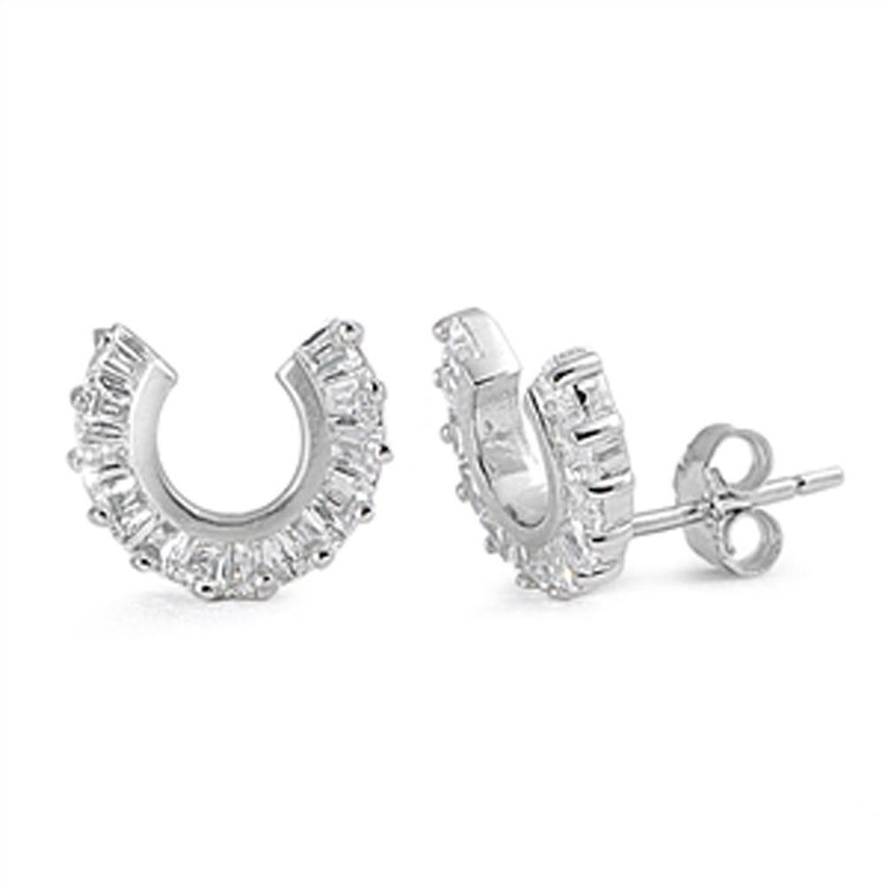 Horseshoe Earrings Clear Simulated CZ .925 Sterling Silver