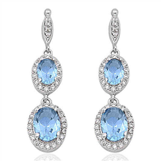 Halo Oval Hanging Earrings Simulated Aquamarine Clear Simulated CZ .925 Sterling Silver
