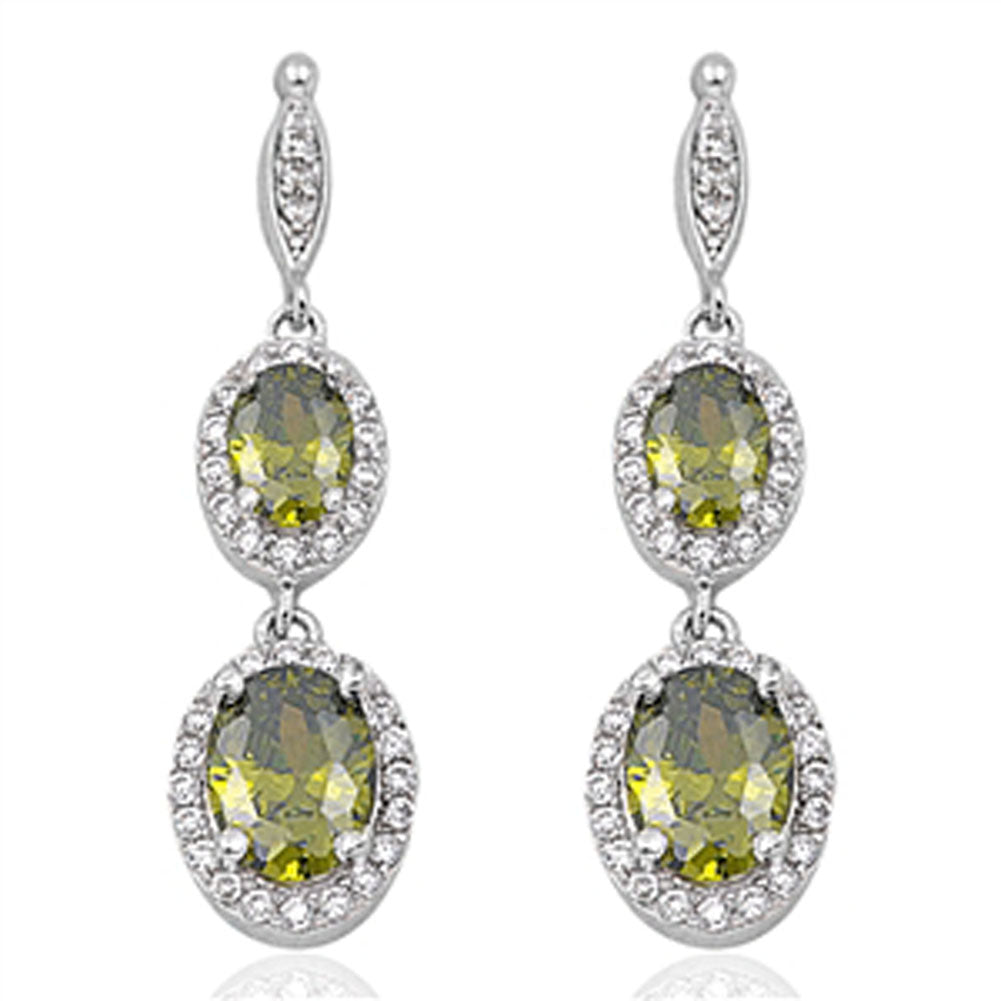 Halo Oval Hanging Earrings Olive Green Simulated CZ Clear Simulated CZ .925 Sterling Silver