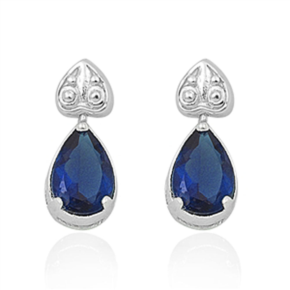Heart Teardrop Earrings Blue Simulated Sapphire .925 Sterling Silver
