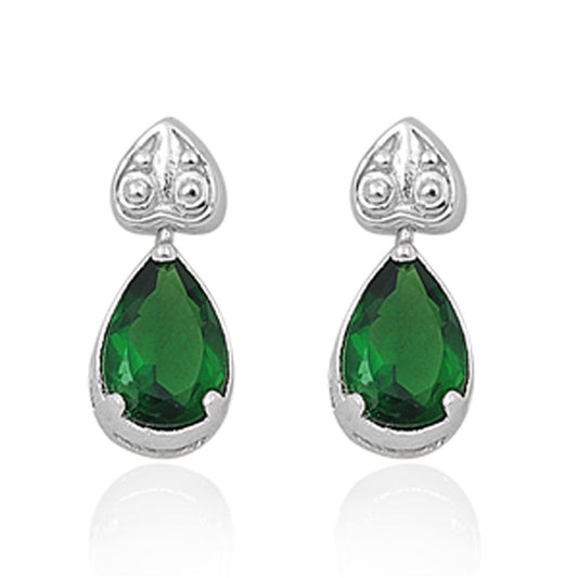 Heart Teardrop Earrings Simulated Emerald .925 Sterling Silver