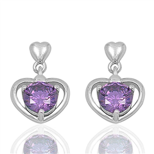 Heart Round Earrings Simulated Amethyst .925 Sterling Silver