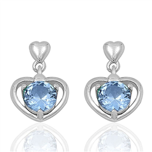 Heart Round Earrings Simulated Aquamarine .925 Sterling Silver