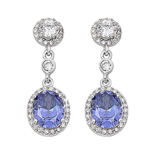 Halo Oval Hanging Earrings Simulated Tanzanite Clear Simulated CZ .925 Sterling Silver