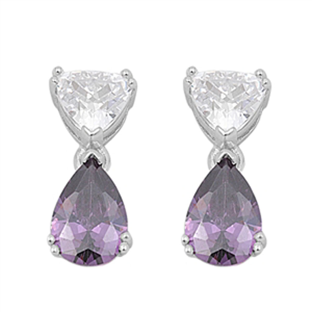 Teardrop Earrings Simulated Amethyst Clear Simulated CZ .925 Sterling Silver