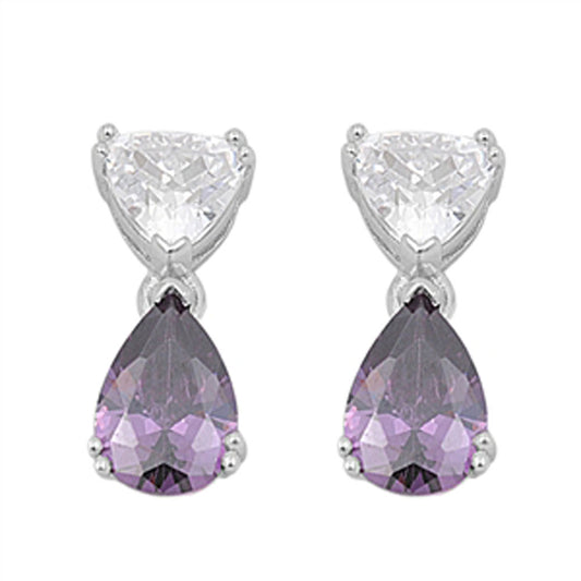 Teardrop Earrings Simulated Amethyst Clear Simulated CZ .925 Sterling Silver