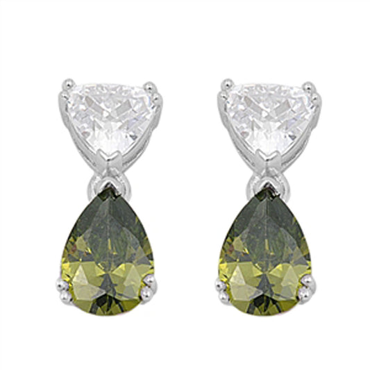 Teardrop Earrings Olive Green Simulated CZ Clear Simulated CZ .925 Sterling Silver