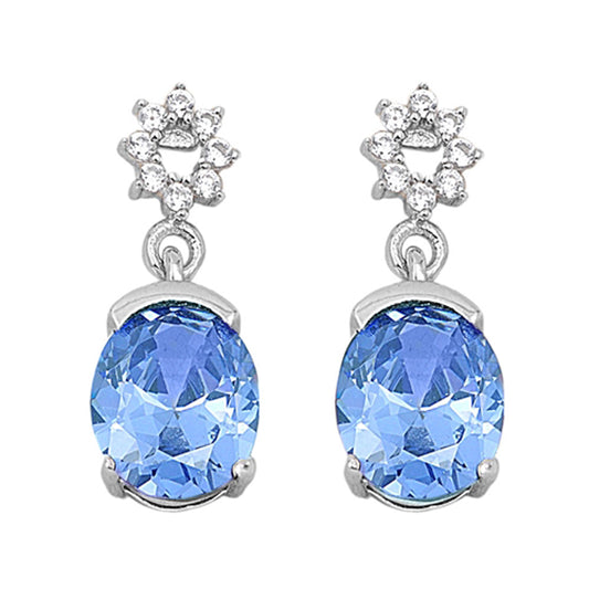 Oval Burst Fancy Studded Drop Dangle Sparkly Simulated Aquamarine .925 Sterling Silver Earrings