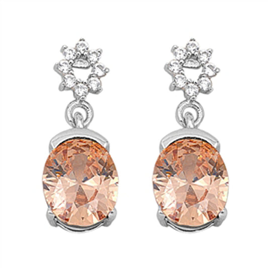 Oval Hanging Earrings Champagne Simulated CZ Clear Simulated CZ .925 Sterling Silver