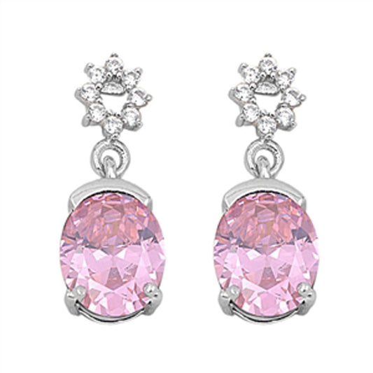 Oval Hanging Earrings Pink Simulated CZ Clear Simulated CZ .925 Sterling Silver