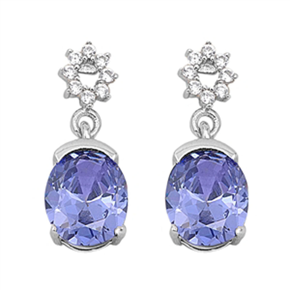Oval Hanging Earrings Simulated Tanzanite Clear Simulated CZ .925 Sterling Silver