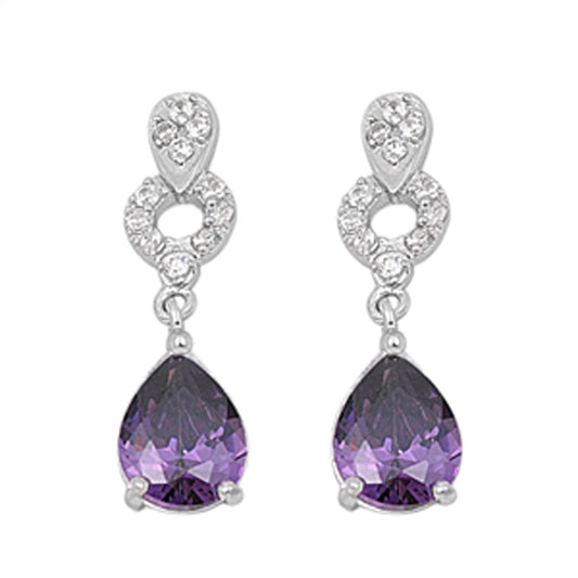 Fancy Ornate Teardrop Dangle Fashion Simulated Amethyst Clear Simulated CZ .925 Sterling Silver Earrings
