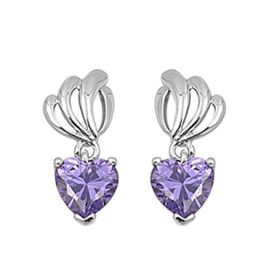 Heart Hanging Earrings Simulated Amethyst .925 Sterling Silver