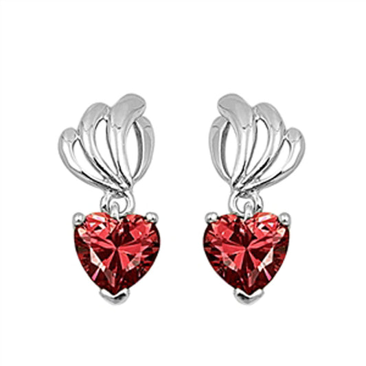 Heart Hanging Earrings Simulated Garnet .925 Sterling Silver