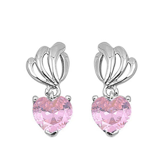 Filigree Curve Wave Heart Dangle Wispy Pink Simulated CZ .925 Sterling Silver Earrings