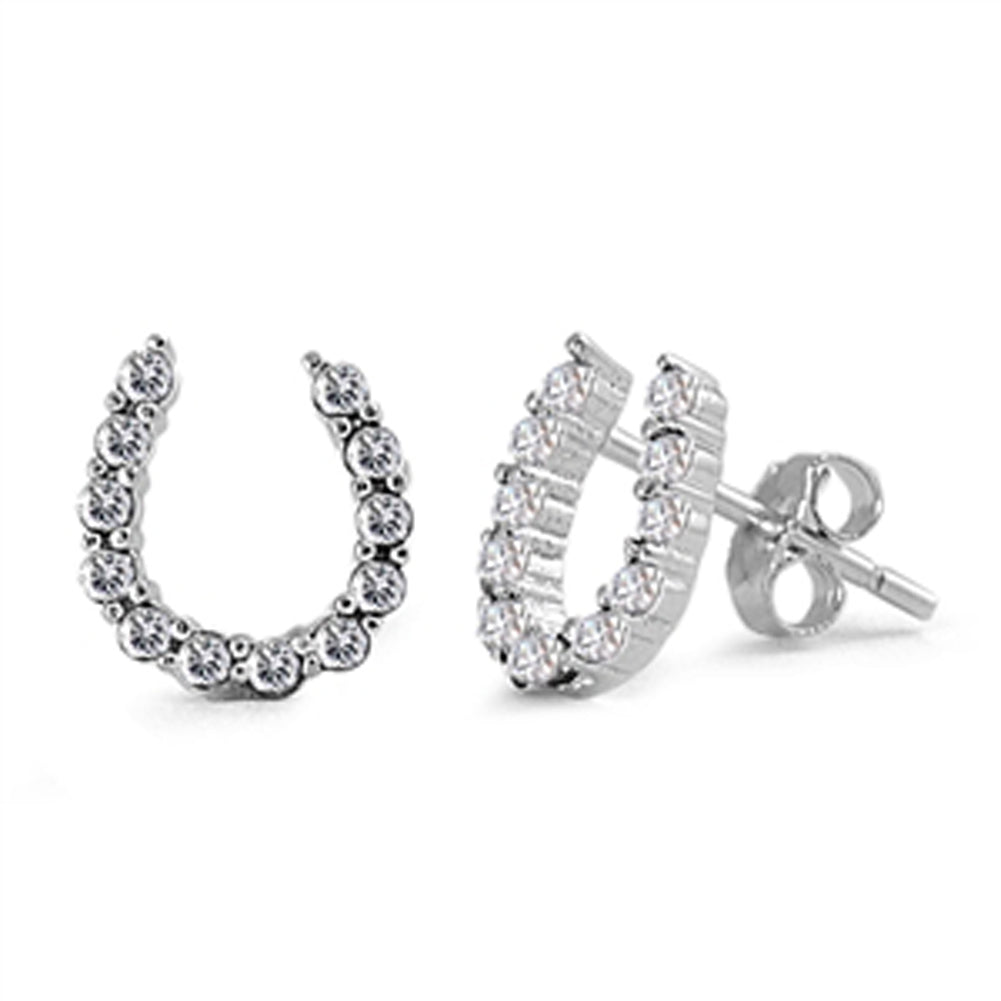 Horse Studded Horseshoe Farm Clear Simulated CZ .925 Sterling Silver Barn Earrings