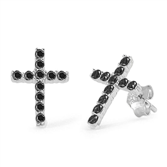 Religious Symbol Studded Cross Sparkly Black Simulated CZ .925 Sterling Silver Earrings