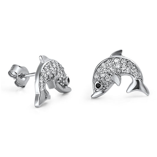 Sparkly Animal Cute Studded Dolphin Swim Clear Simulated CZ .925 Sterling Silver Earrings