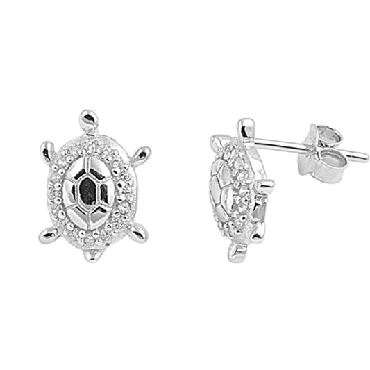 Ornate Shell Fancy Studded Turtle Seashell Clear Simulated CZ .925 Sterling Silver Earrings